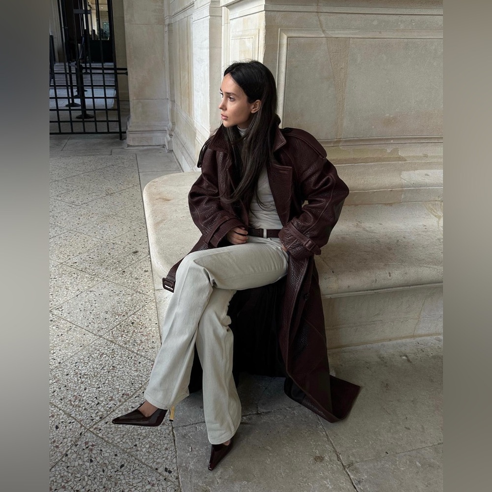 En Cuir Pebbled Leather Trench in Brown / Burgundy 100% Leather VERY OVERSIZED - Picture 6 of 14
